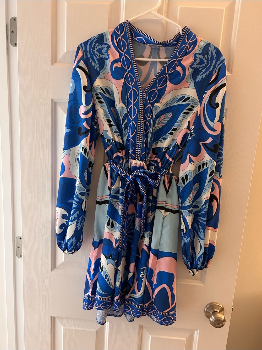 Blue & Pink Printed Long-Sleeve Tie-Waist Dress